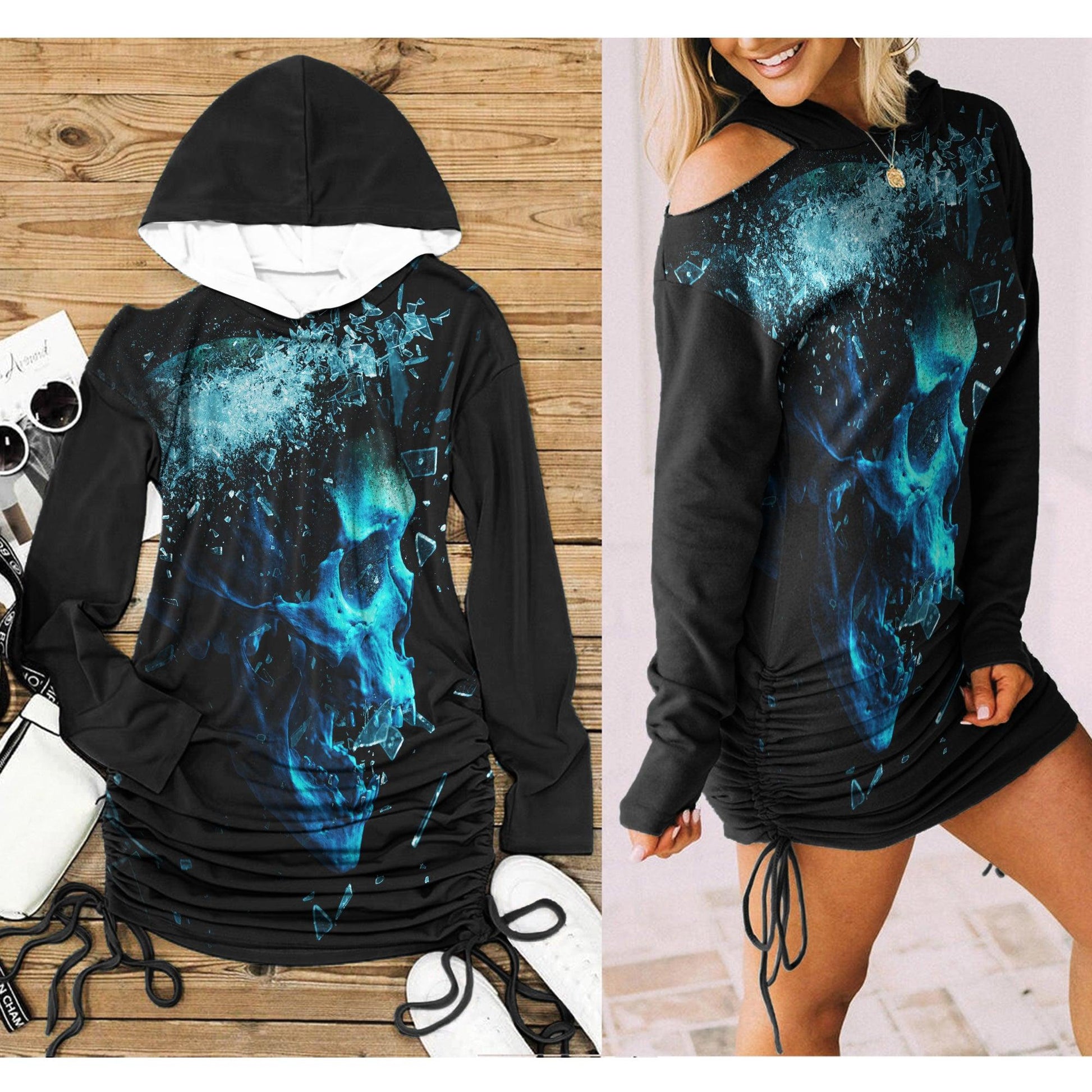 Skull Gothic Miror Broken All-Over Print Women One Shoulder Dress With Waist Shirring, Hot Long Hood - Wonder Skull