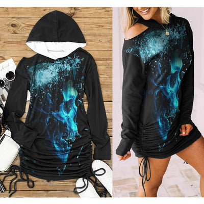 Skull Gothic Miror Broken All-Over Print Women One Shoulder Dress With Waist Shirring, Hot Long Hood - Wonder Skull