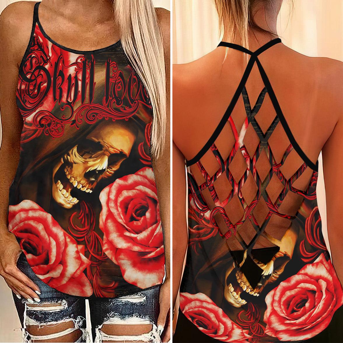 Skull Love Grim Reaper Criss-Cross Open Back Tank Top, Coolest T-Shirt For Women - Wonder Skull