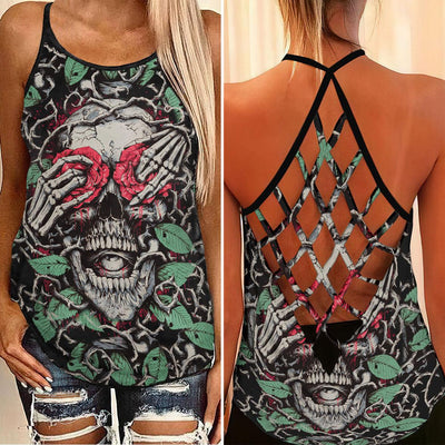 Skull Rose Thorn Artwork Criss-Cross Open Back Tank Top, Coolest T-Shirt For Women - Wonder Skull