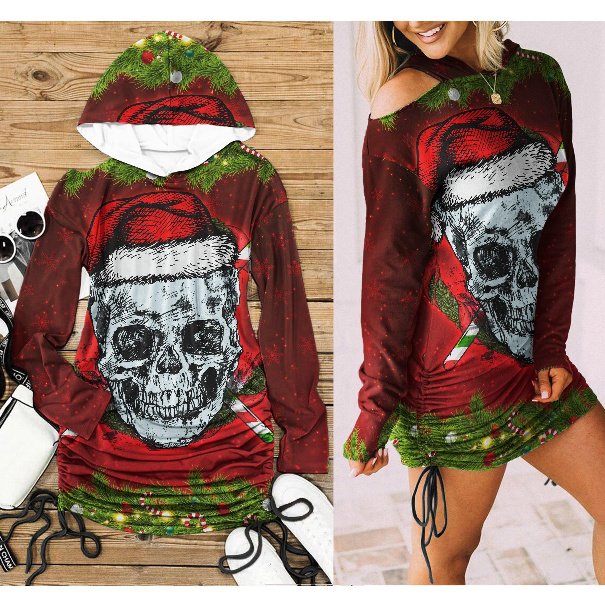  Skull Santa Print Open Shoulder Dress-Wonder Skull