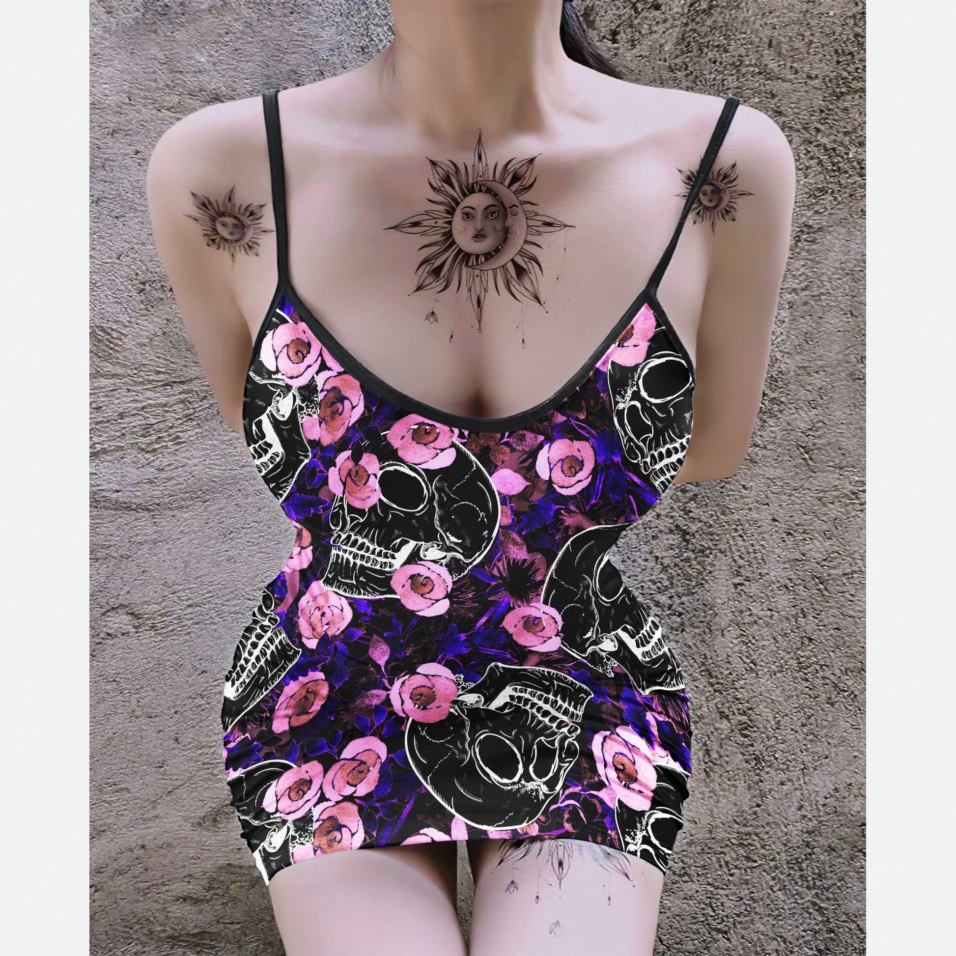 SlateBlue Skull Death Printed Body Dress, Naughty Sleeveless Minidress For Women-Wonder Skull