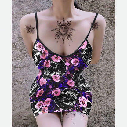 SlateBlue Skull Death Printed Body Dress, Naughty Sleeveless Minidress For Women-Wonder Skull