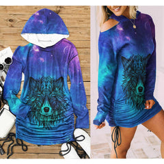 Space Galaxy Wolf All Over Print Women One Shoulder Dress With Waist Shirring, Hoodie For Women - Wonder Skull