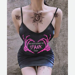 Spank Itself Skull Printed Body Dress, Naughty Sleeveless Minidress For Women-Wonder Skull