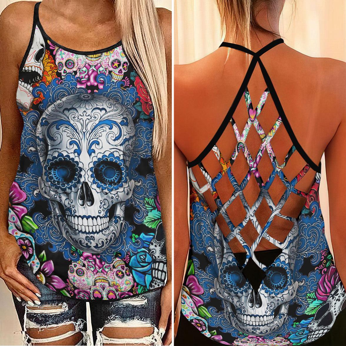 Sugar Skull Rose 3D Criss-Cross Open Back Tank Top, Coolest T-Shirt For Women - Wonder Skull