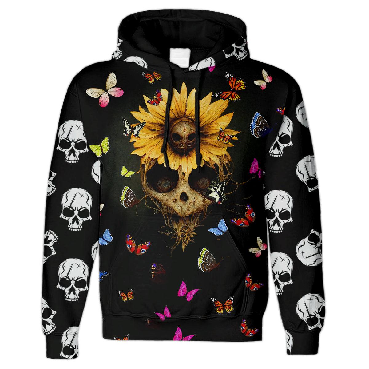 Sunflower Gothic Skull All Over Print Unisex Pullover Hoodie - Wonder Skull