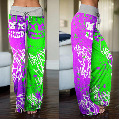 Half Green Pink Hahaha Face Smile High-waisted Straight-leg Trousers - Wonder Skull