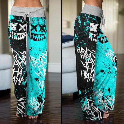 Half Cyan Half Black Hahaha Face Smile High-waisted Straight-leg Trousers - Wonder Skull
