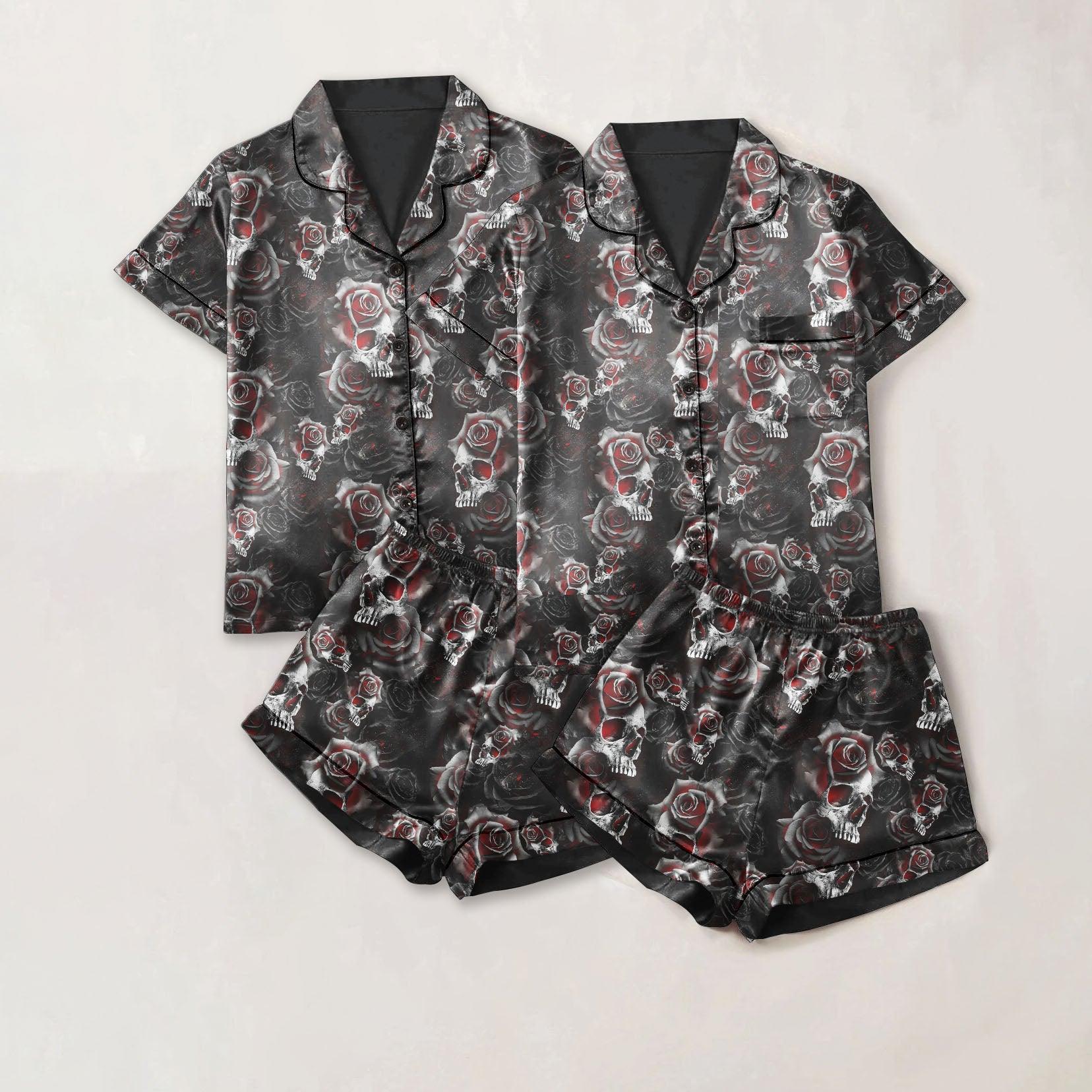 Skull Rose Dark Sexy Pajama Sets With Short Sleeve - Wonder Skull