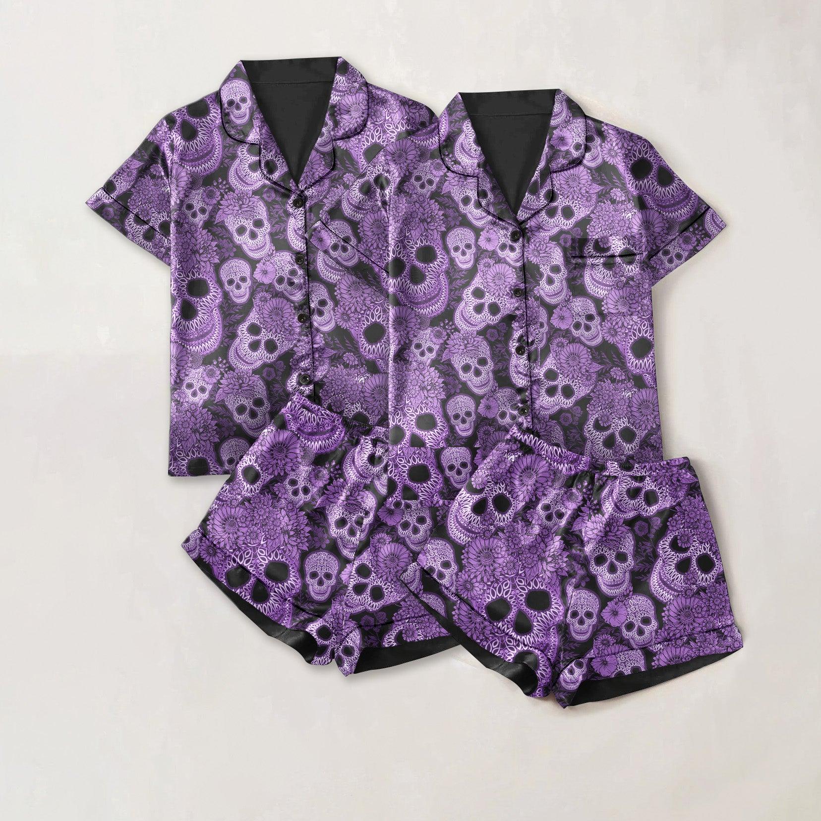 Skull Sugar Purple Sexy Pajama Sets With Short Sleeve - Wonder Skull