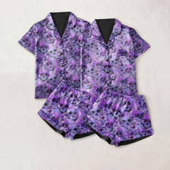 Skull Flower Purple Sexy Pajama Sets With Short Sleeve - Wonder Skull