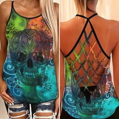 TieDye Mandala Skull Criss-Cross Open Back Tank Top, Coolest T-Shirt For Women - Wonder Skull