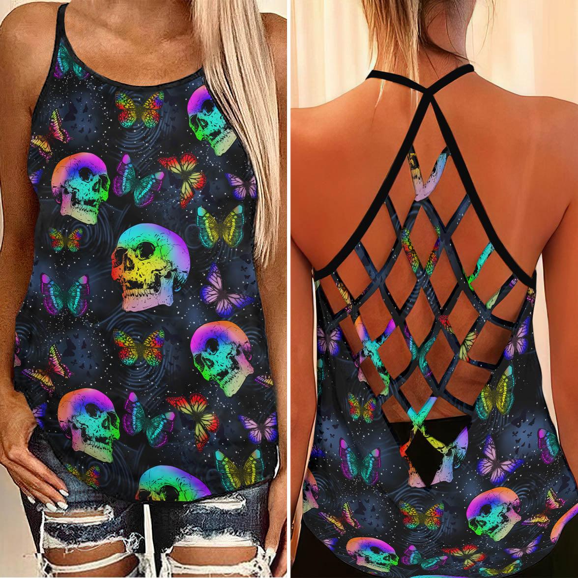 TieDye Skull Butterfly Criss-Cross Open Back Tank Top, Trending T-Shirt For Women - Wonder Skull