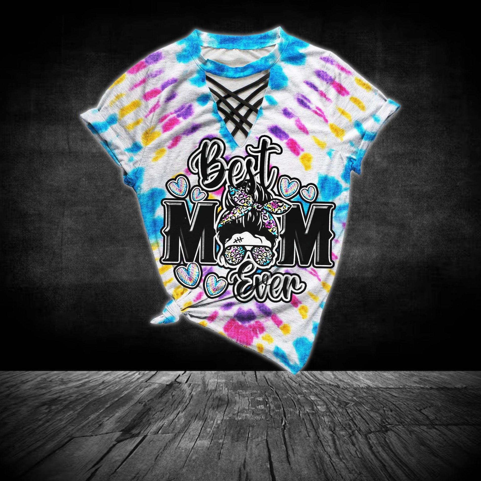 Tiedye Blue Yelow Skull Mom V-Neck Shirt And Wide Legs Pants - Wonder Skull