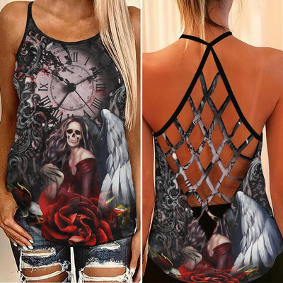 Timeless Skull Girl Gothic Rose Criss-Cross Open Back Tank Top, Coolest T-Shirt For Women - Wonder Skull