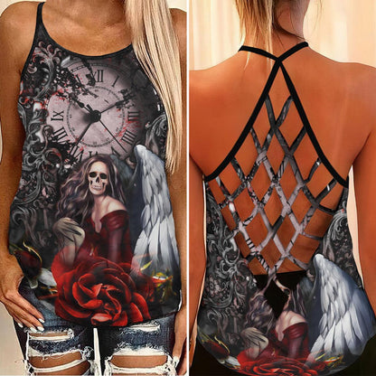 Timeless Skull Girl Gothic Rose Criss-Cross Open Back Tank Top, Coolest T-Shirt For Women - Wonder Skull