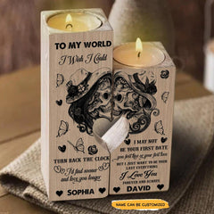 To My World - Customized Heart Wood Candle Holder Gifts - Wonder Skull