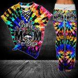 Tornado Effect Rainbow Skull Mom V-Neck Shirt and Wide Legs Pants - Wonder Skull