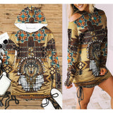 Tribe Wolf All Over Print Women One Shoulder Dress With Waist Shirring, Long Hoodie For Women - Wonder Skull