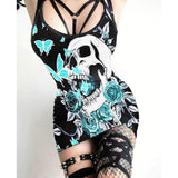 Turquoise Butterfly Skull Printed Body Dress, Naughty Sleeveless Minidress For Women-Wonder Skull