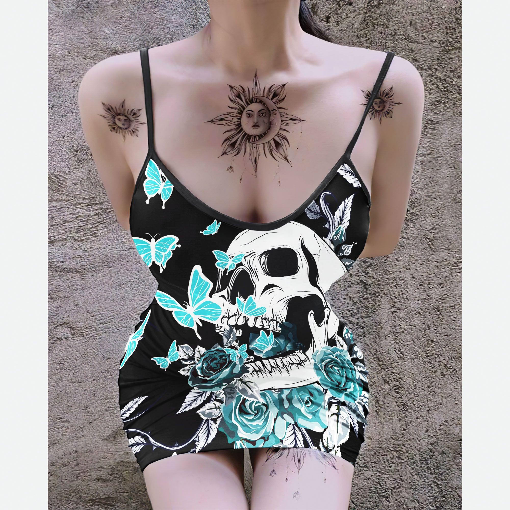 Turquoise Butterfly Skull Printed Body Dress, Naughty Sleeveless Minidress For Women-Wonder Skull