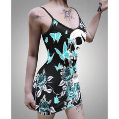 Turquoise Butterfly Skull Printed Body Dress, Naughty Sleeveless Minidress For Women-Wonder Skull