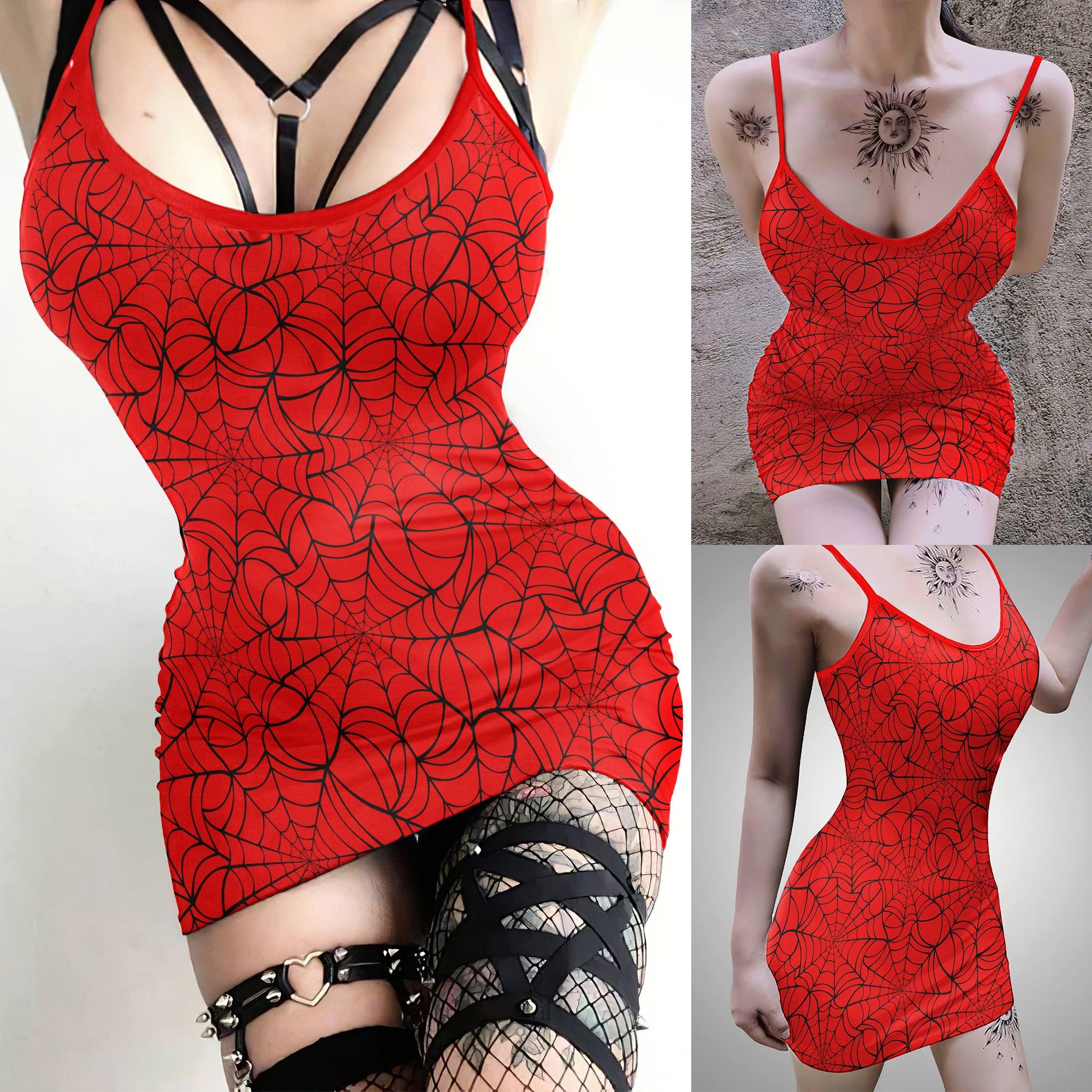 The Red Gothic Spider Net Printed Body Dress, Elegant Shape Out Sleeveless Minidress For Women - Wonder Skull