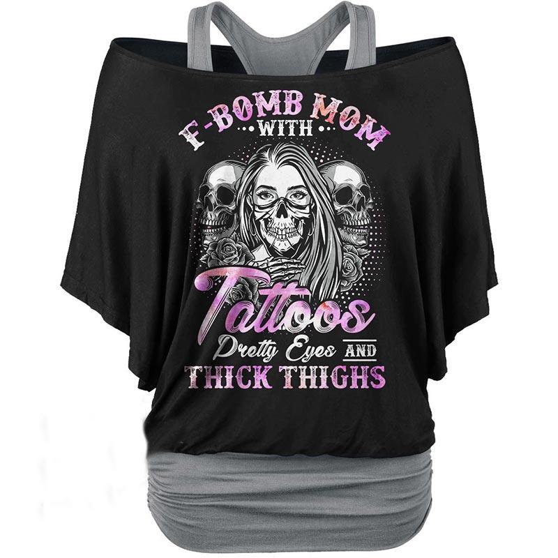 F-bomb Mom Tattoos 2 In 1 Shirt, Funny Design Sleeve Top For Women - Wonder Skull