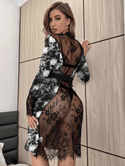 Gothic Skull Barbed Wire Night Robe, Sexy Contrast Lace Belted Pajama For Women - Wonder Skull