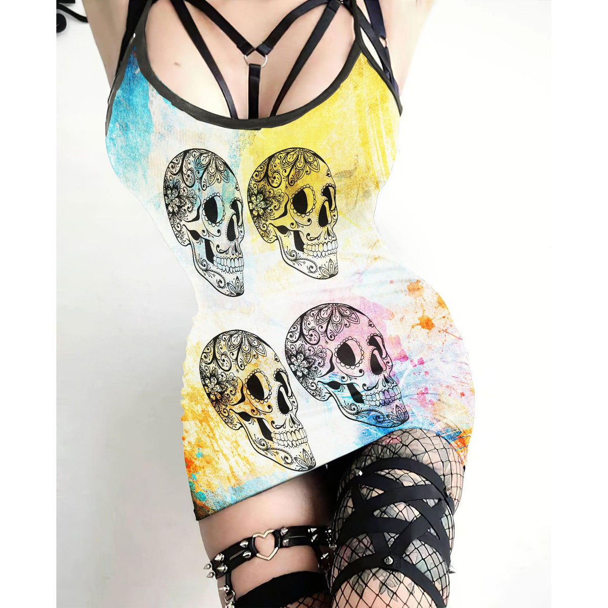 Vintage Ancient Mandala Skull Printed Body Dress, Naughty Sleeveless Minidress For Women-Wonder Skull