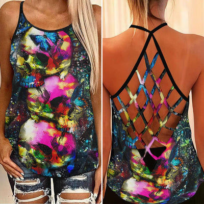 Vintage Color Skull Artwork Criss-Cross Open Back Tank Top, Coolest T-Shirt For Women - Wonder Skull