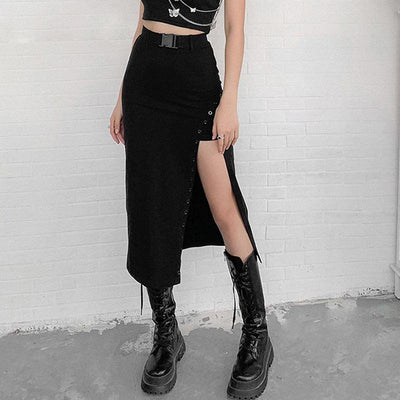 Vintage Gothic A-Line Cut Long Skirt, Sexy Buckle Front Clubwear For Women - Wonder Skull