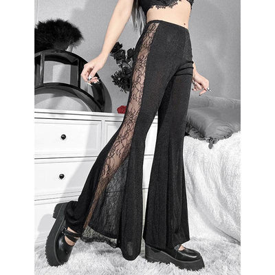 Vintage Gothic Flare Pants, Beautiful Floral Lace 2 Sides Trousers For Women - Wonder Skull