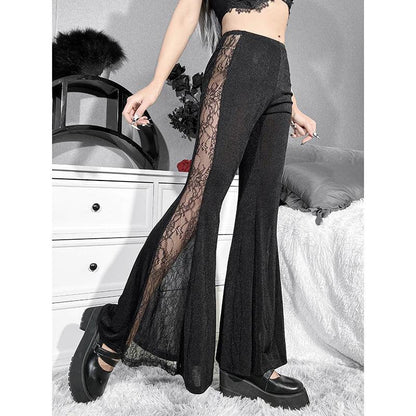 Vintage Gothic Flare Pants, Beautiful Floral Lace 2 Sides Trousers For Women - Wonder Skull