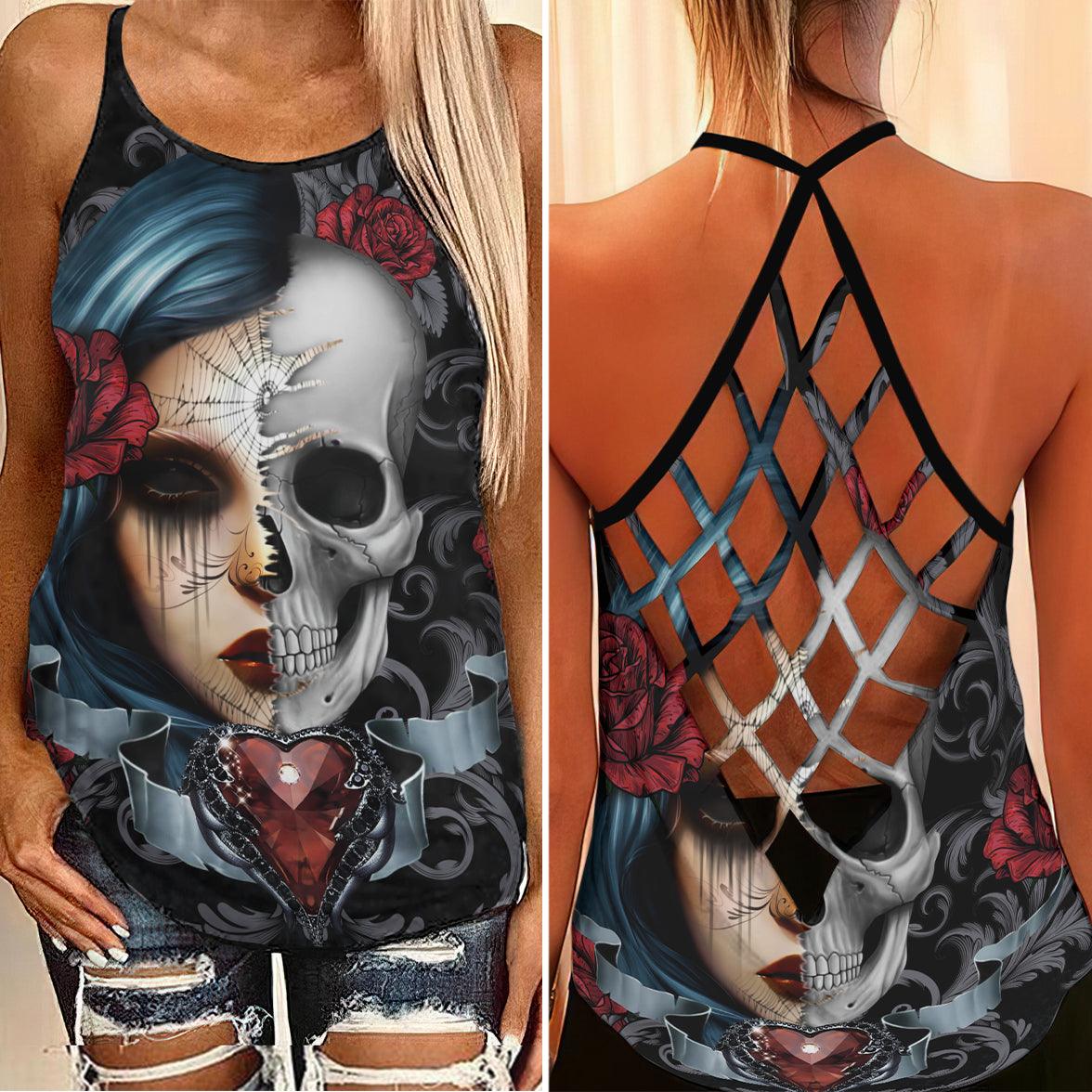 Vintage Gothic Girl Skull Rose Criss-Cross Open Back Tank Top, Coolest T-Shirt For Women - Wonder Skull