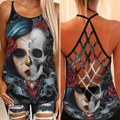 Vintage Gothic Girl Skull Rose Criss-Cross Open Back Tank Top, Coolest T-Shirt For Women - Wonder Skull