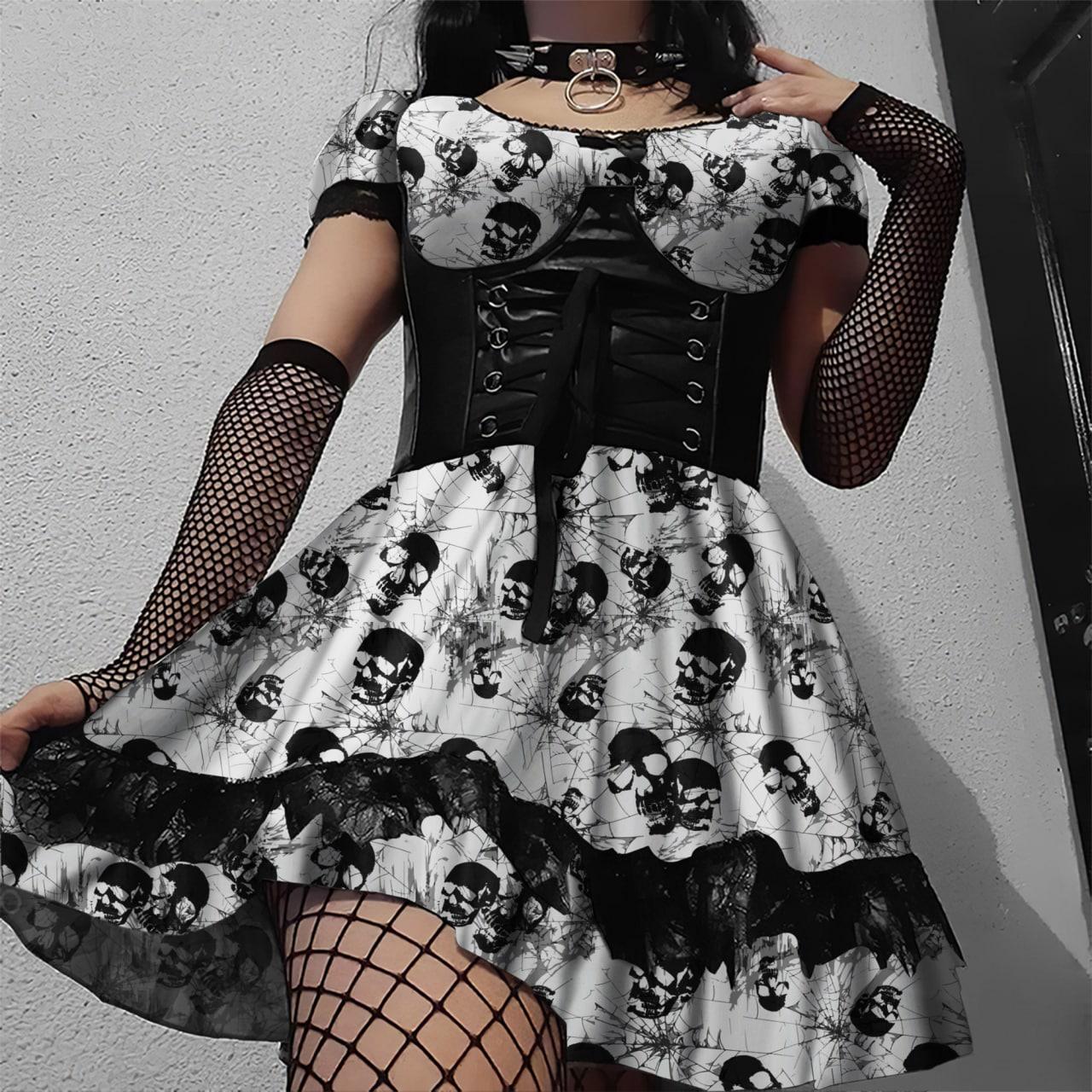 Vintage Gothic Skull Dress, Sexy Lace Short Sleeves Vestido For Women - Wonder Skull