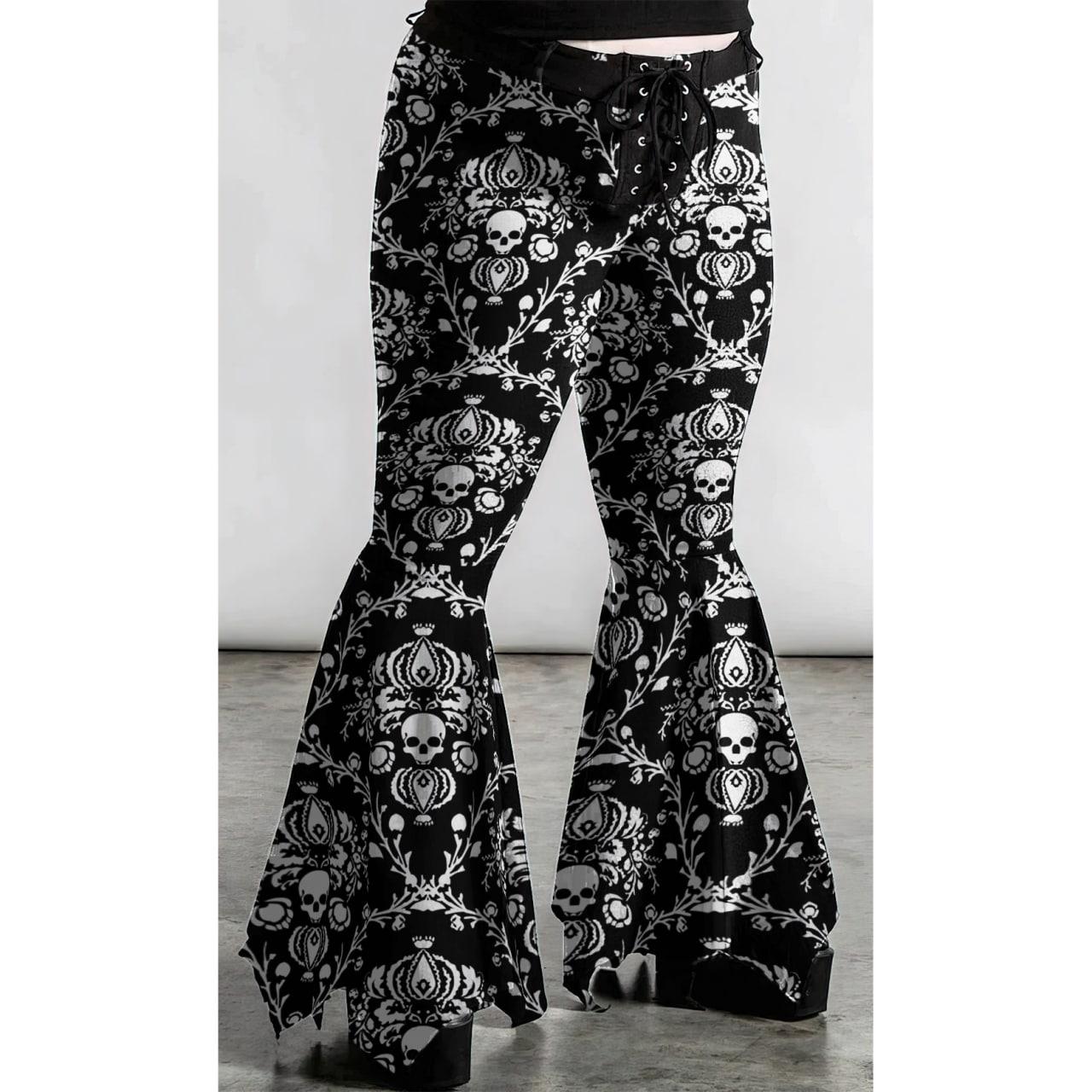 Vintage Gothic Skull Flare Pants, Fashionable Front Tie Trouser For ...