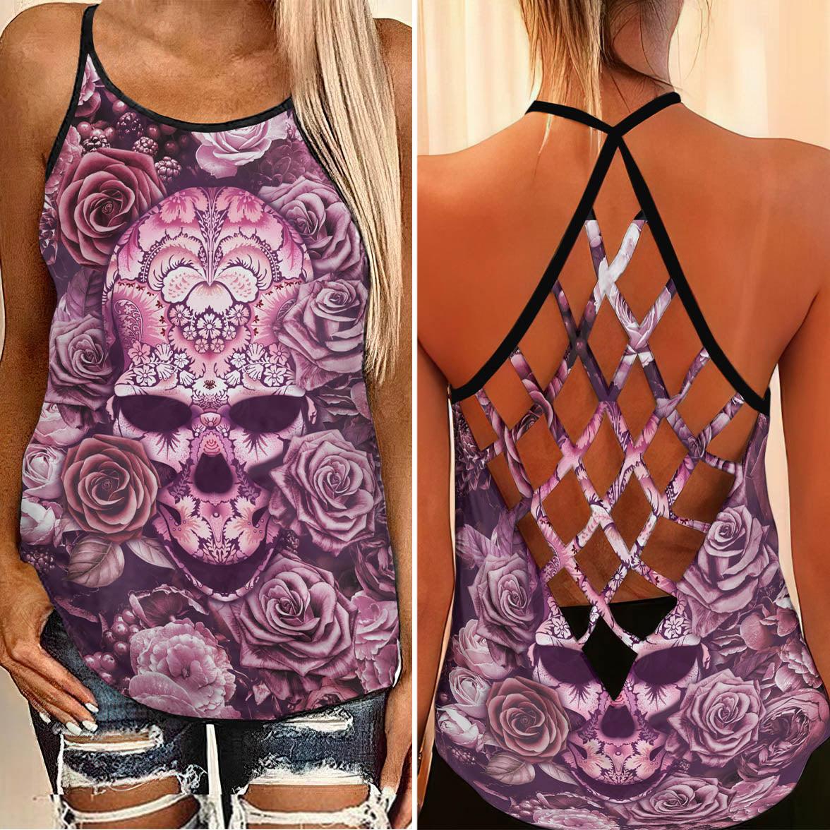 Vintage Pink Skull Gothic Rose Criss-Cross Open Back Tank Top, Trending T-Shirt For Women - Women Skull