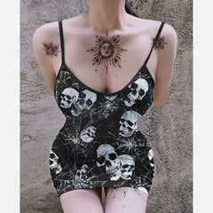 Vintage Skull Goth Spider Net Printed Body Dress, Naughty Sleeveless Minidress For Women-Wonder Skull