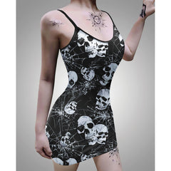 Vintage Skull Goth Spider Net Printed Body Dress, Naughty Sleeveless Minidress For Women-Wonder Skull