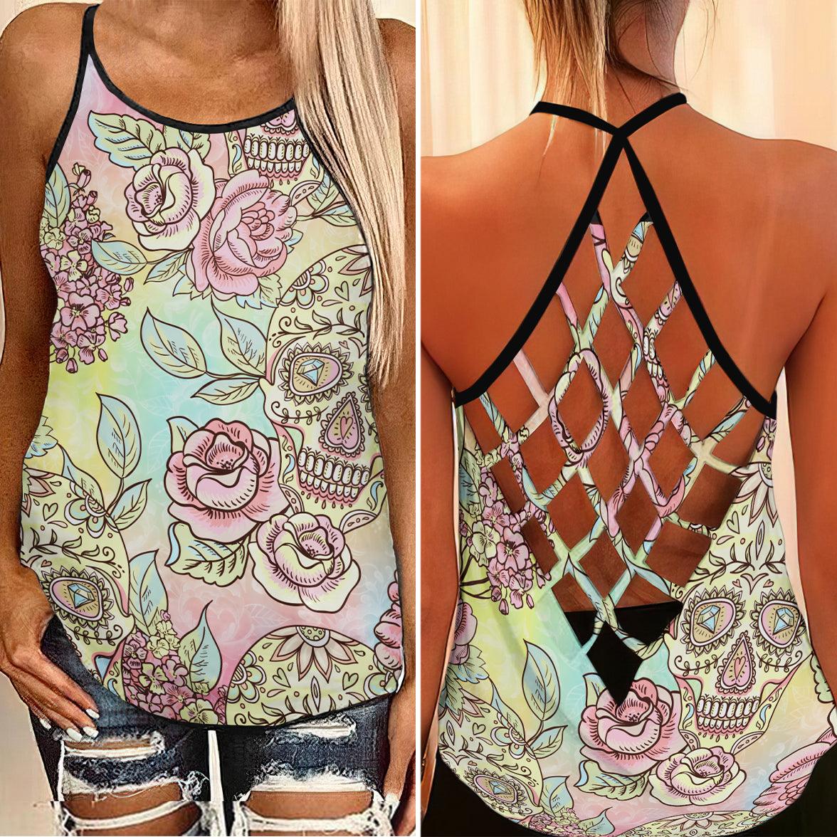 Vintage Sugar Skull Criss-Cross Open Back Tank Top, Coolest T-Shirt For Women - Wonder Skull