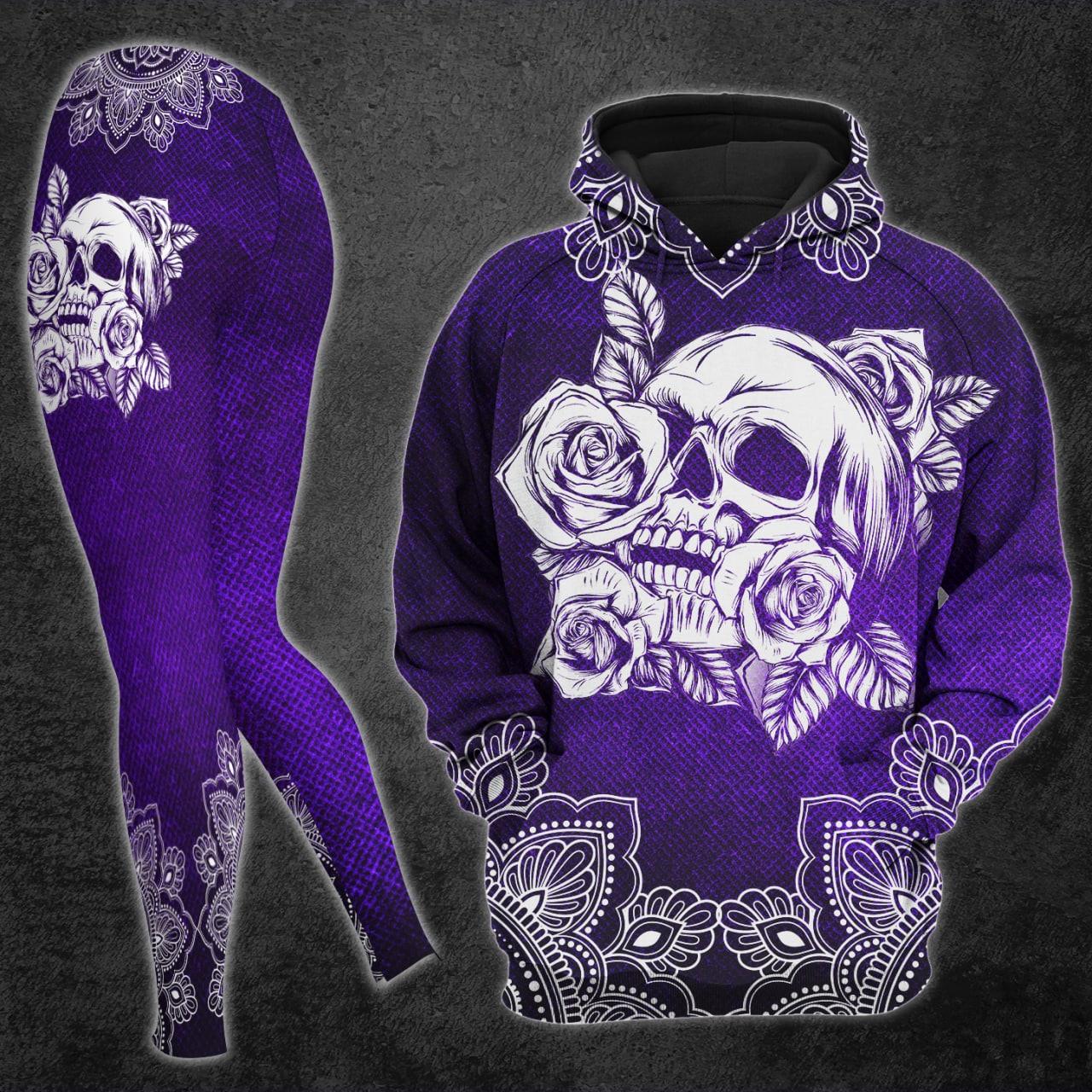 Violet White Skull Mandala Roses Print Combo Hoodie And Leggings - Wonder Skull