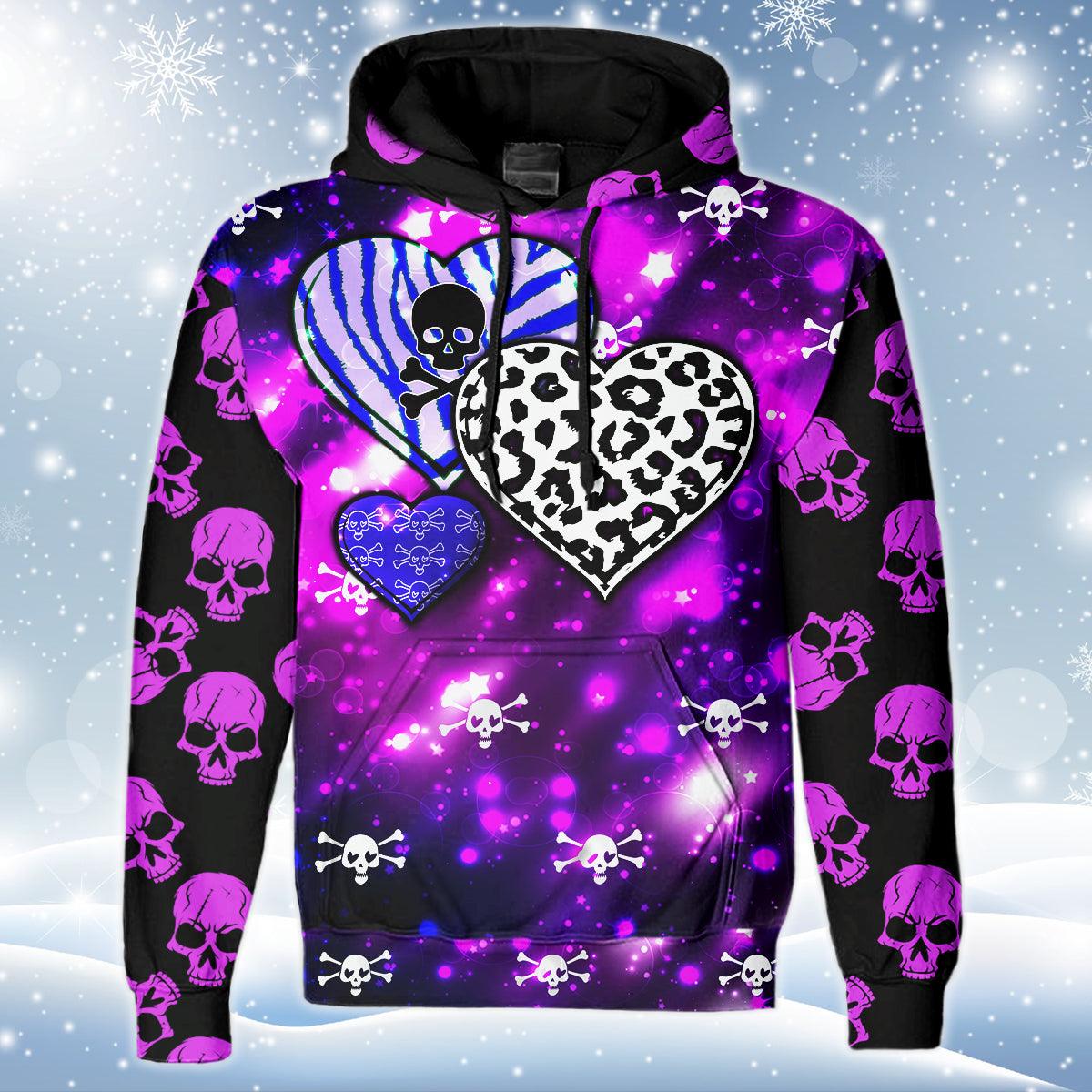 Violet White Skull Heart Print Unisex Pullover Hoodie-Wonder Skull