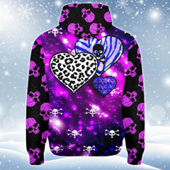 Violet White Skull Heart Print Unisex Pullover Hoodie-Wonder Skull