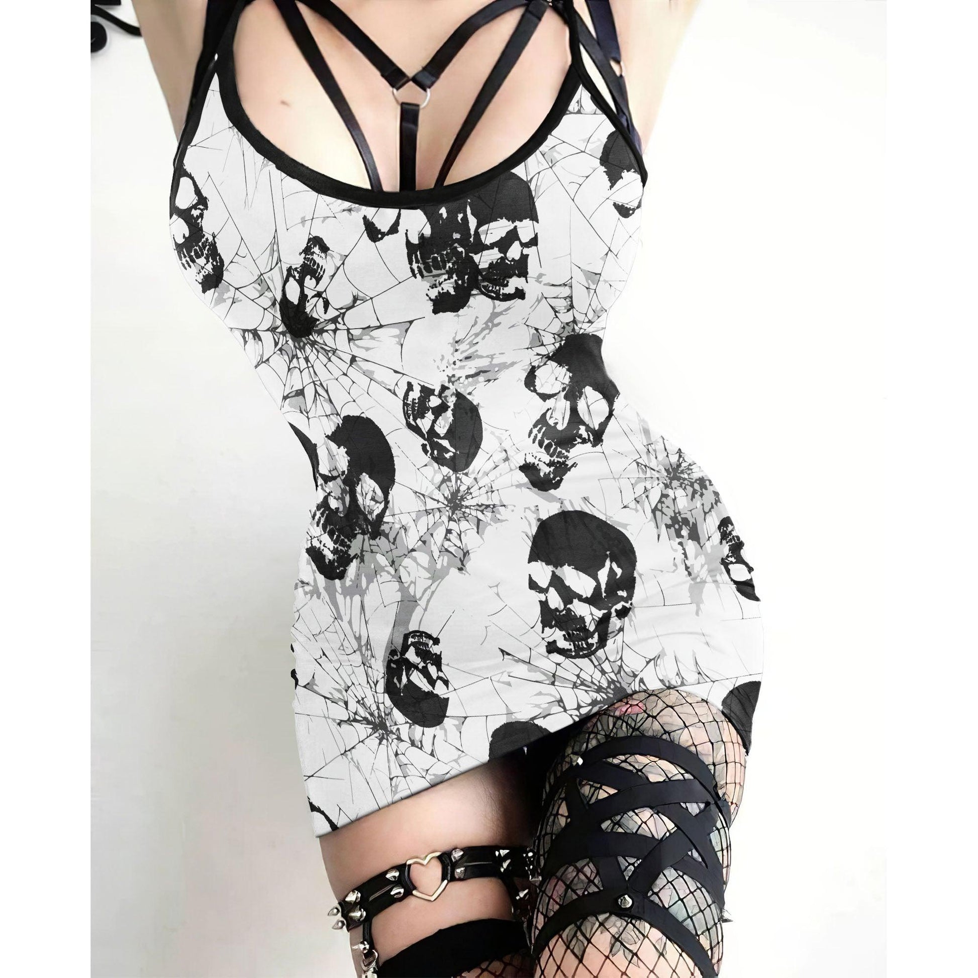 Vogue Gothic Skull Net Pattern Printed Body Dress, Hot Sleeveless Minidress For Women-Wonder Skull