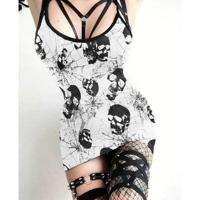 Vogue Gothic Skull Net Pattern Printed Body Dress, Hot Sleeveless Minidress For Women-Wonder Skull