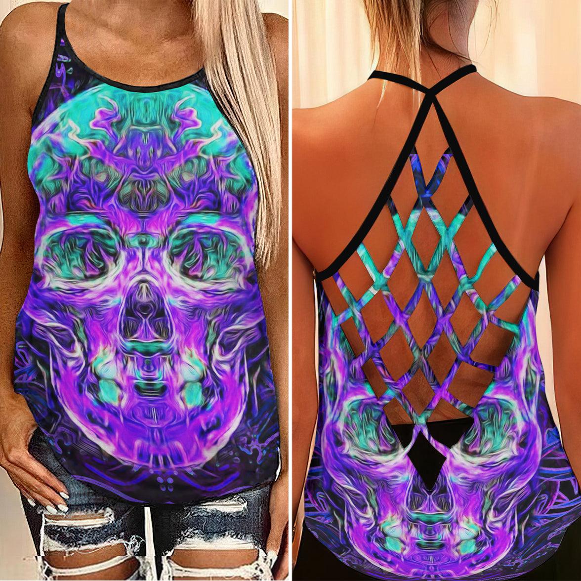 Water Flow Skull Criss-Cross Open Back Tank Top, Coolest T-Shirt For Women - Wonder Skull