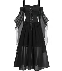 Witchy Gothic Dress, Beautiful Lace Long Sleeves Partywear For Women - Wonder Skull